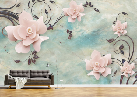 Flori - Tapet Premium Canvas - Abstract flori roz cu ramuri