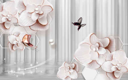 Tapet Premium Canvas - Abstract flori roz si fluturi [1]
