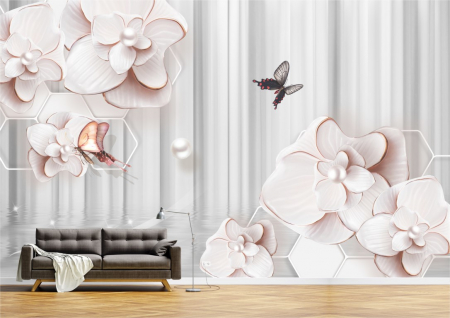 Flori - Tapet Premium Canvas - Abstract flori roz si fluturi