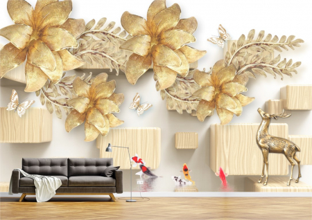Flori - Tapet Premium Canvas - Abstract flori si animale
