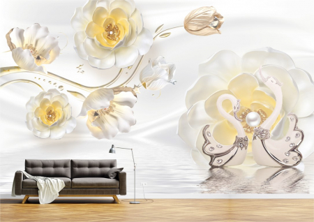Flori - Tapet Premium Canvas - Abstract flori si lebede