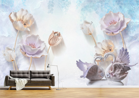 Flori - Tapet Premium Canvas - Abstract flori si lebede portelan