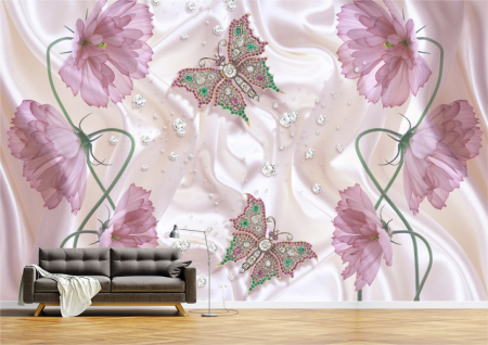 Flori - Tapet Premium Canvas - Abstract fluturi si flori mov