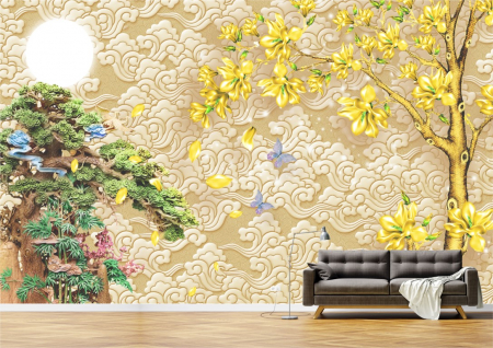 Flori - Tapet Premium Canvas - Abstract pom auriu