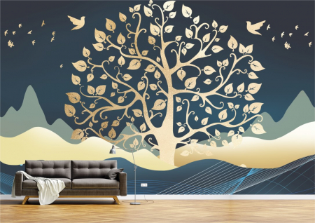 Flori - Tapet Premium Canvas - Abstract pom auriu cu pasari