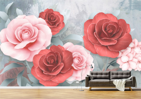 Flori - Tapet Premium Canvas - Abstract trandafiri rosii si roz