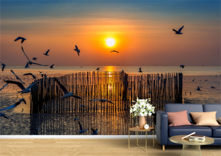 Animale - Tapet Premium Canvas - Apus la mare cu pescarusi in zbor