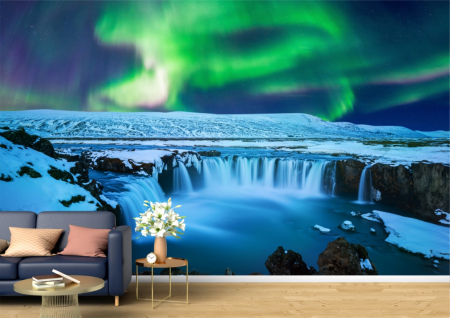 Peisaje - Tapet Premium Canvas - Aurora boreala deasupra cascadei