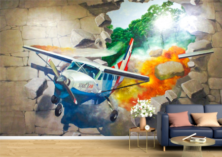 Abstract - Abstract 3D - Tapet Premium Canvas - Avion trecand prind zid 3D