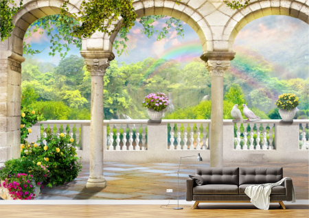 Abstract - Abstract 3D - Tapet Premium Canvas - Balconul coloanele si padurea inverzita 3d abstract