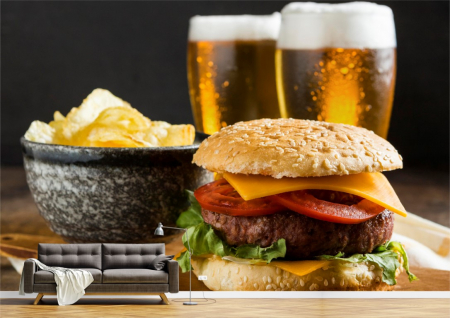 Food&drinks - Tapet Premium Canvas - Burger cu cartofi chips si bere
