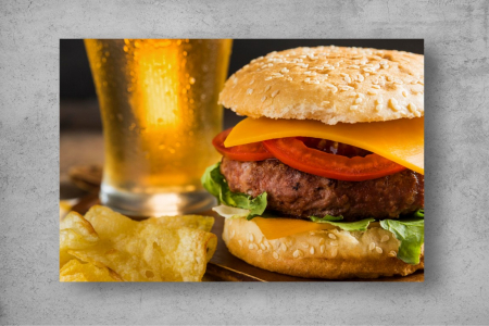 Tapet Premium Canvas - Burger cu chipsuri si pahar de bere [1]