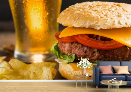 Food&drinks - Tapet Premium Canvas - Burger cu chipsuri si pahar de bere
