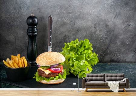 Food&drinks - Tapet Premium Canvas - Burger cu salata si cartofi prajiti