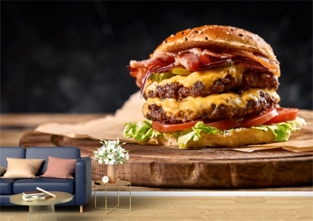 Food&drinks - Tapet Premium Canvas - Burger dublu cu bacon si cascaval pe platou de lemn