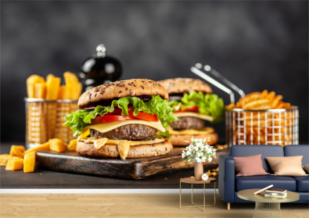 Food&drinks - Tapet Premium Canvas - Burgeri cu cartofi prajiti