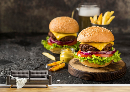 Food&drinks - Tapet Premium Canvas - Burgeri cu cartofi prajiti si halba de bere