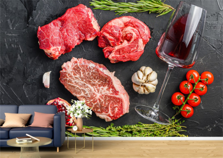 Food&drinks - Tapet Premium Canvas - Carne cu rosii usturoi si pahar de vin