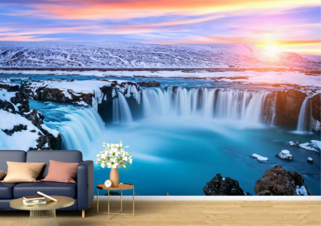 Peisaje - Tapet Premium Canvas - Cascada Godafoss din Islanda la apus