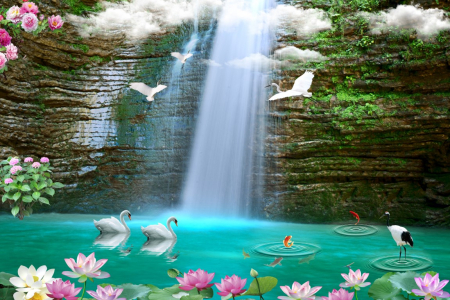 Tapet Premium Canvas - Cascada si lebedele [1]