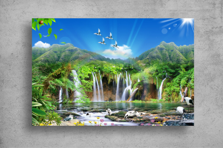 Tapet Premium Canvas - Cascada si pasarile in zbor 3d abstract [1]
