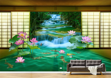 Tapet Premium Canvas - Cascada si pestii koi [1]