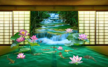 Tapet Premium Canvas - Cascada si pestii koi [2]