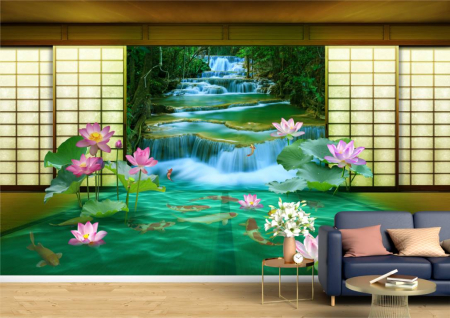 Abstract - Abstract 3D - Tapet Premium Canvas - Cascada si pestii koi