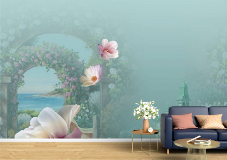 Abstract - Abstract 3D - Tapet Premium Canvas - Castelul si florile roz