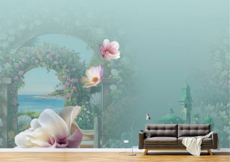 Tapet Premium Canvas - Castelul si florile roz [1]