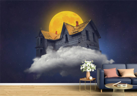 Abstract - Abstract 3D - Tapet Premium Canvas - Casuta de lemn pe nori si luna plina