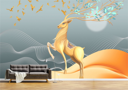 Tapet - Tapet Premium Canvas - Cerb si pasari abstract
