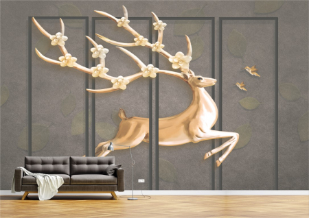 Animale - Tapet Premium Canvas - Cerb si pasari aurii abstract