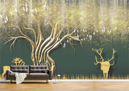 Animale - Tapet Premium Canvas - Cerb si pom abstract