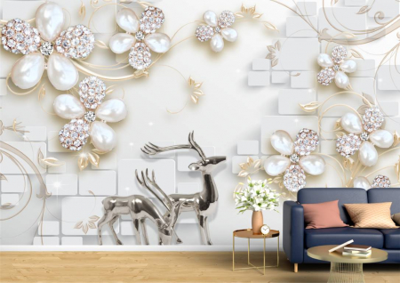 Abstract - Abstract 3D - Tapet Premium Canvas - Cerbi argintii si flori cu pietre pretioase