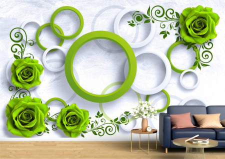 Abstract - Abstract 3D - Tapet Premium Canvas - Cercuri  3D si trandafiri verzi