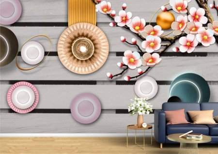 Abstract - Abstract 3D - Tapet Premium Canvas - Cercuri colorate si ramura cu flori albe