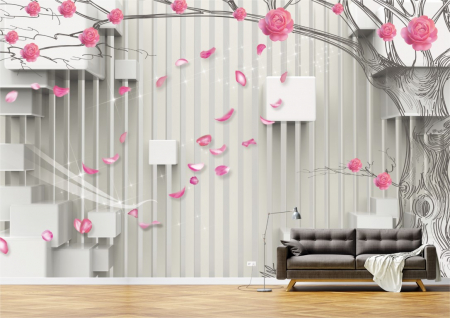Flori - Tapet Premium Canvas - Copac si flori abstracte