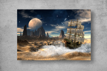 Tapet Premium Canvas - Corabia planeta si pasarile abstract 3d [1]