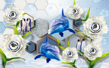Tapet Premium Canvas - Delfini si pinguini abstract [1]