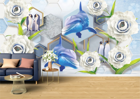 Animale - Tapet Premium Canvas - Delfini si pinguini abstract