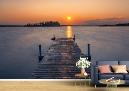 Peisaje - Tapet Premium Canvas - Digul din lemn la apusul soarelui langa lac