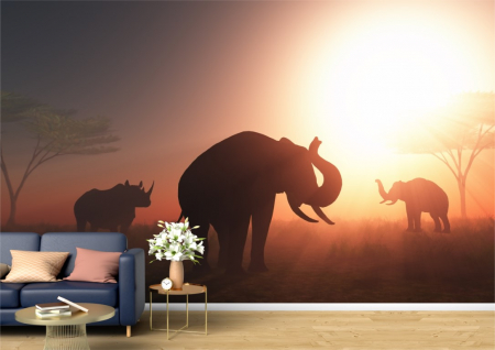 Animale - Tapet Premium Canvas - Elefantii la apus