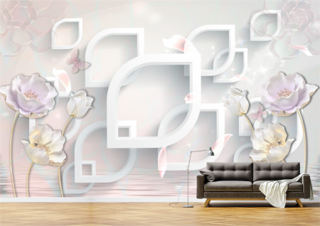 Flori - Tapet Premium Canvas - Flori abstracte alb si roz