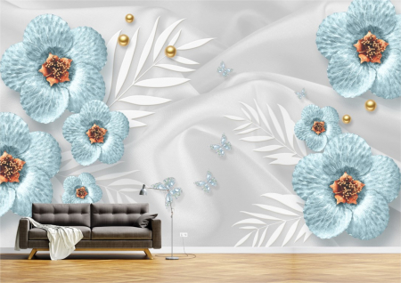 Flori - Tapet Premium Canvas - Flori albastre cu fluturi