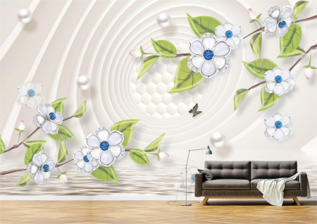 Flori - Tapet Premium Canvas - Flori albastre si fluture