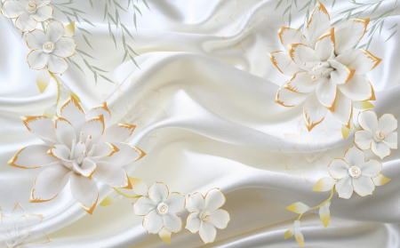 Tapet Premium Canvas - Flori albe cu auriu abstract [1]
