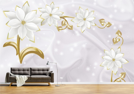 Flori - Tapet Premium Canvas - Flori albe cu radacini aurii