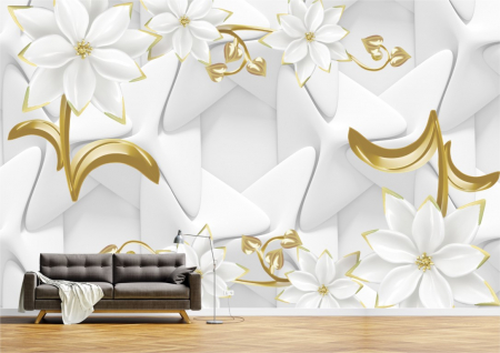 Flori - Tapet Premium Canvas - Flori albe si aurii
