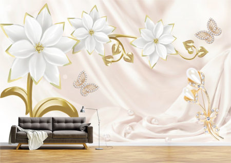 Flori - Tapet Premium Canvas - Flori albe si perle